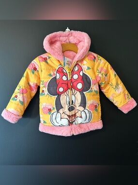 4T Girls Disney Minnie Mouse Pink & Yellow Reversible Puffer Jacket